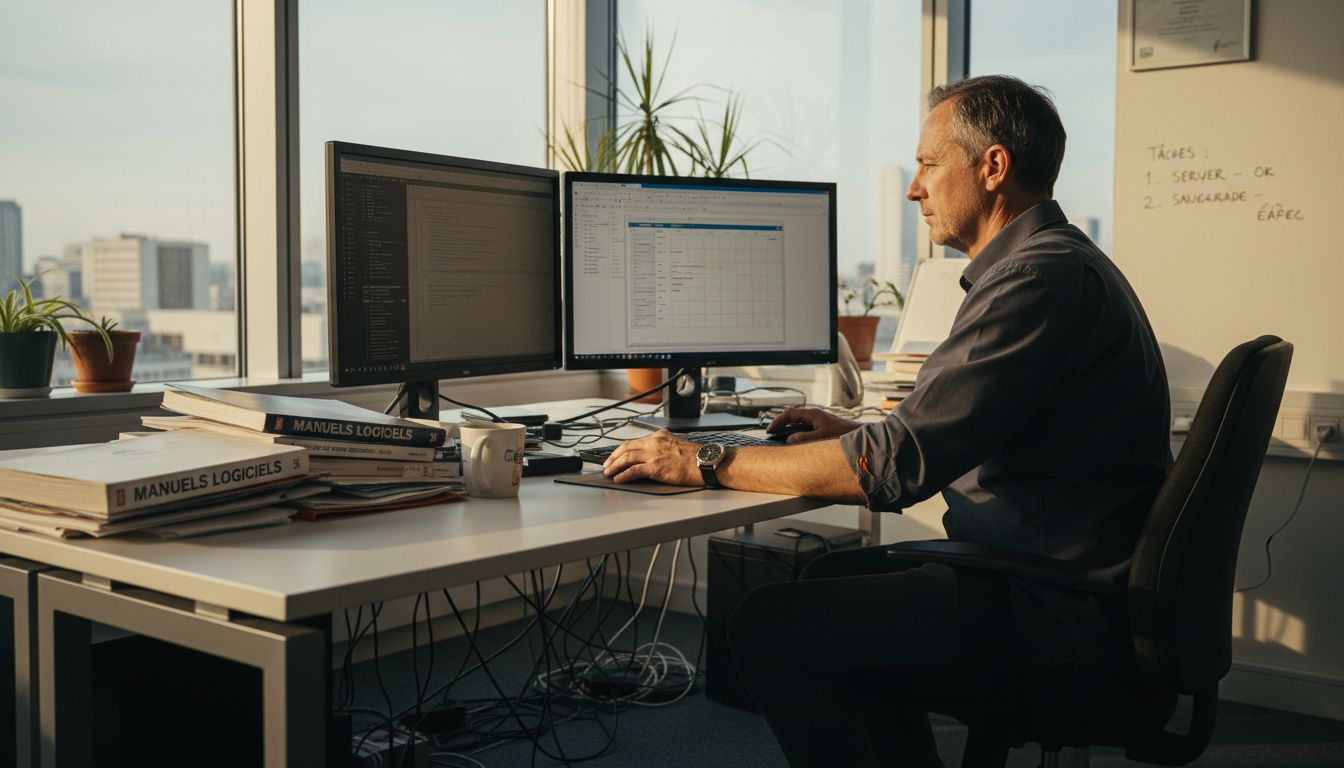 Un responsable informatique en train d’évaluer des logiciels d’entreprise devenus obsolètes.